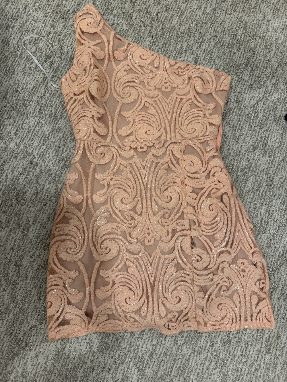Lulu's One-Shoulder Lace AppliquΓ© Mini Dress in Peach